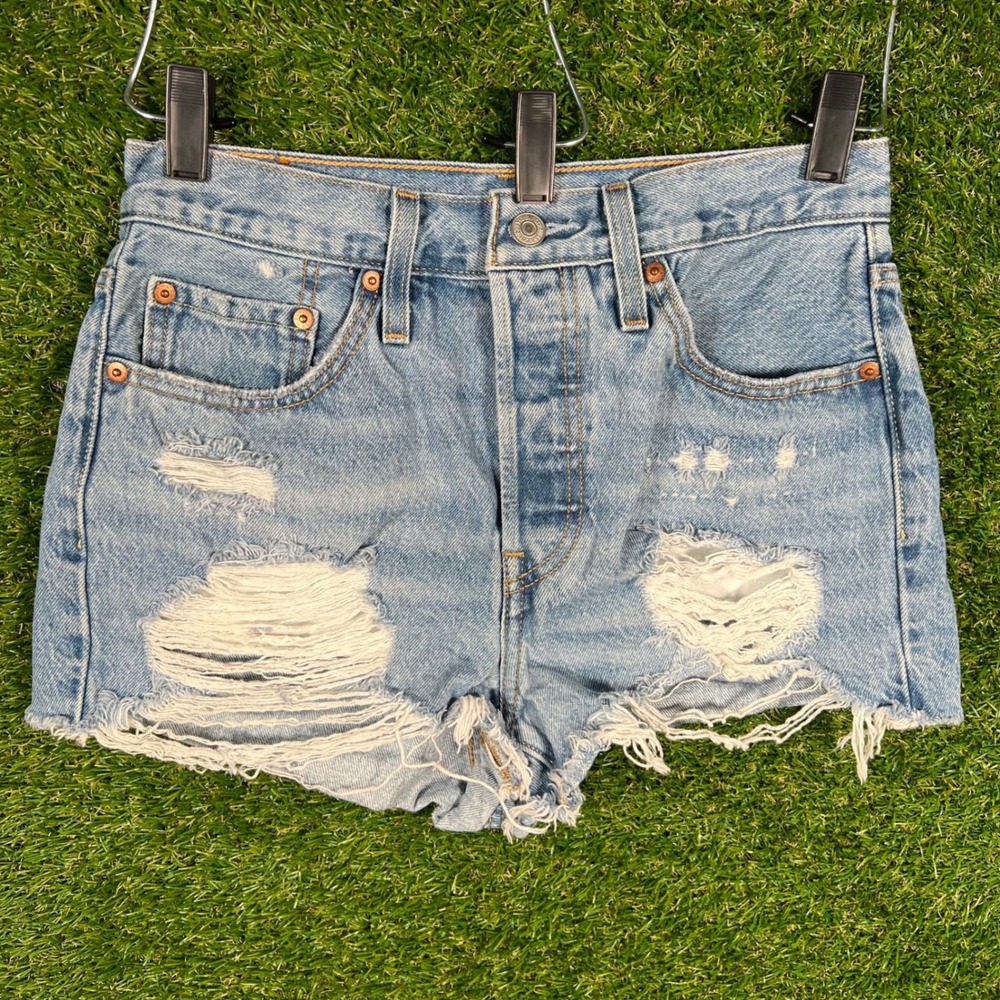 Levi's 501 Original High Rise Distressed Denim Shorts Light Wash Blue W27 3224